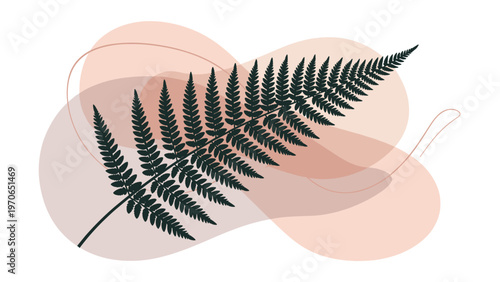 Minimalist design featuring a single black fern leaf silhouette against soft abstract shapes in neutral pink and beige colors.