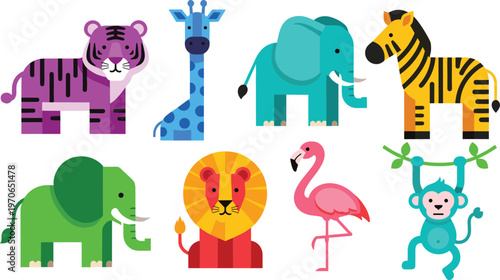 Canvas Print Wild Animal Characters Set Featuring Tiger, Giraffe, Elephant, Zebra, Lion, Flam