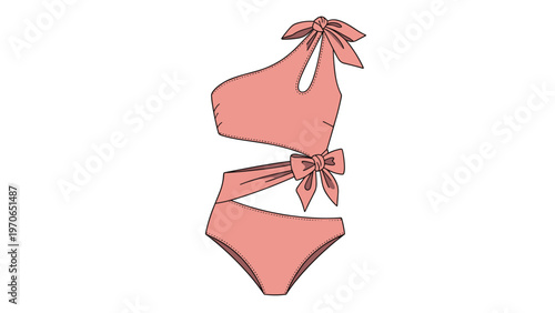 Fashionable one-piece swimsuit in a soft pink color featuring a one-shoulder strap and decorative bows at the waist and shoulder.