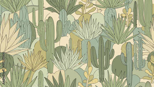 Detailed seamless pattern showcasing a dense collection of different cacti and succulent species in various shades of green.