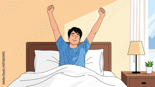 Happy young man waking up in a bright bedroom, stretching his arms while sitting in bed with white pillows and a brown headboard.