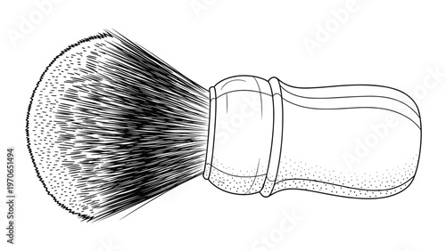 Detailed black and white engraving style illustration of a traditional shaving brush with dense bristles and a wooden handle.