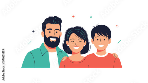 Happy and diverse family portrait featuring a smiling father, mother, and young son standing together in a flat vector style.