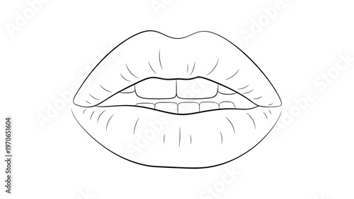 Simple black and white line drawing of human lips slightly parted showing upper and lower teeth.