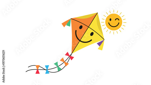 Colorful smiling kite with a long tail and a happy winking sun in a simple and cheerful illustration.