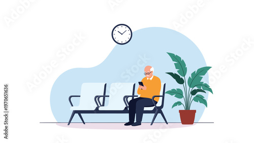 Senior man sitting on a chair in a waiting room and looking at his mobile phone next to a potted plant.