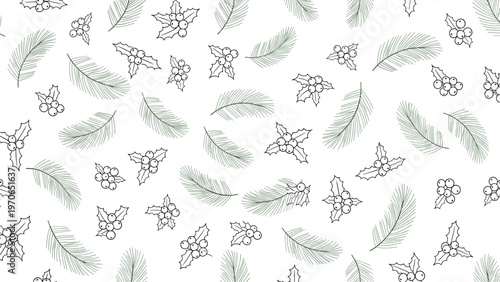 Seamless winter pattern featuring delicate hand-drawn pine needles and holly branches with bright red berries on a clean white background.