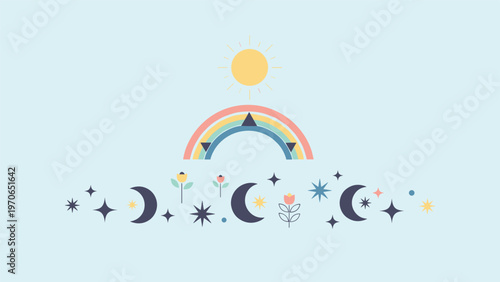 Enchanting collection of celestial and mystical symbols including a sun, rainbow, moons, and stars for a whimsical design aesthetic.