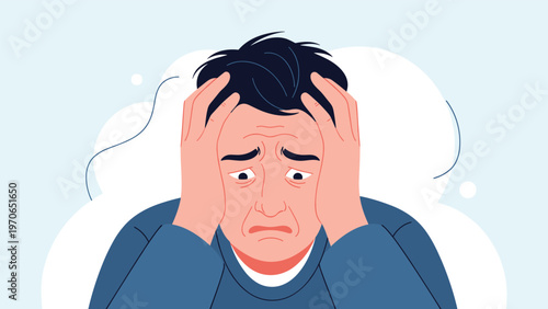 Stressed and anxious middle-aged man clutching his head in despair while experiencing a severe mental health crisis or painful headache.