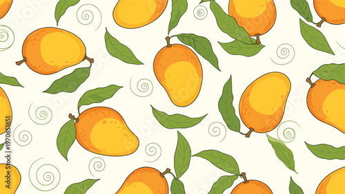 Vibrant tropical pattern featuring ripe yellow mangoes and green leaves scattered across a light cream-colored background for fresh design.