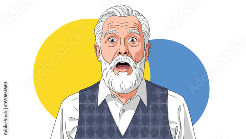 Surprised elderly man with a long white beard and grey hair looking directly at the camera with wide eyes and an open mouth in shock.
