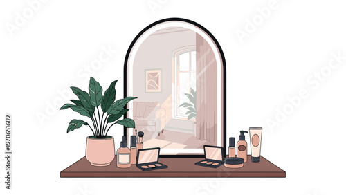 Organized makeup vanity featuring an arched mirror, various cosmetics, and a potted plant sitting on a rustic wooden dressing table.