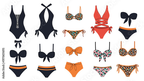 Diverse collection of women's swimwear including one-piece suits and bikinis in various colors and trendy animal patterns for summer.