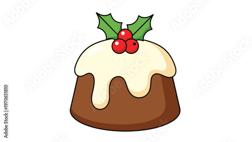 Traditional christmas pudding with white icing, holly leaves, and red berries illustrated in a bright cartoon style for holiday themes.