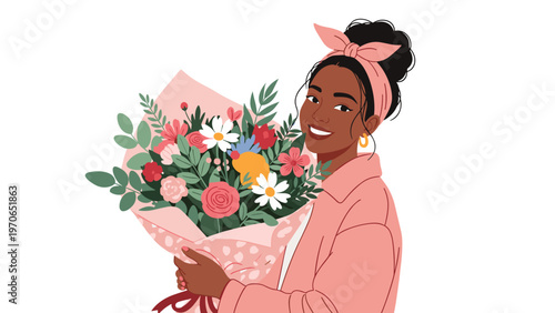 Smiling black woman with high bun hairstyle holding a large colorful bouquet of spring flowers on white background.
