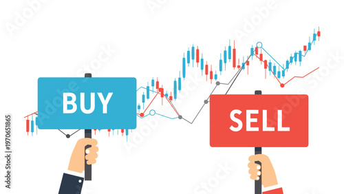 Business hands holding buy and sell signs against a rising and falling candlestick financial stock market chart.