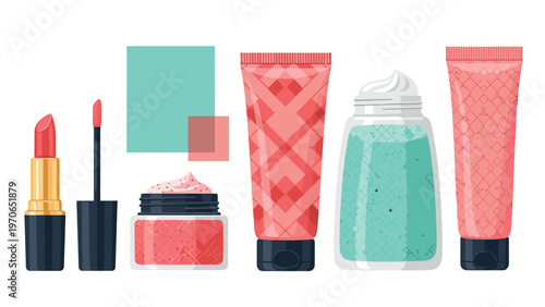 Collection of cosmetic products including lipstick, facial cream jars, and skin care tubes in pink and blue colors.