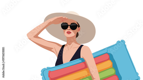 Glamorous woman in a wide brimmed sun hat and sunglasses holding a colorful inflatable water mattress on a beach.