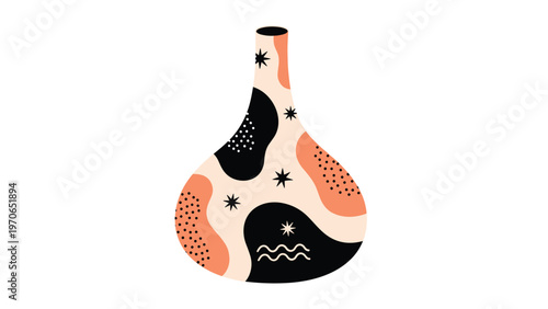 Artistic vase decorated with black, peach, and dotted abstract patterns and star shapes on a white background for modern home decor.