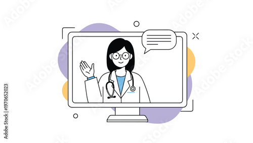 Female doctor on a computer screen providing online medical consultation or telemedicine services to patients.