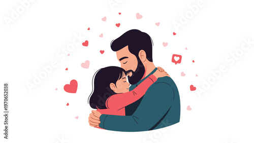 Heartwarming illustration of a bearded father tenderly hugging his young daughter surrounded by floating pink hearts.