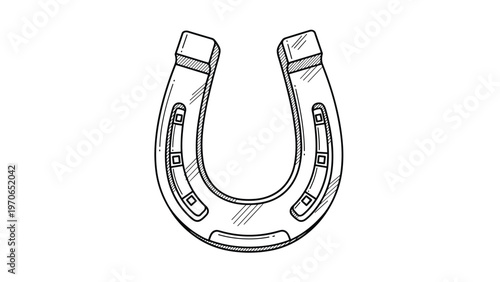 Hand drawn sketch of a metallic horseshoe symbolizing good luck and protection against a plain white background.