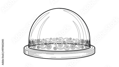 Detailed black and white drawing of a decorative glass dome with an ornate swirl pattern along the bottom edge of the glass.