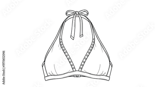 Technical fashion drawing of a simple halter neck bikini top with ties and grommet details in a black line style.