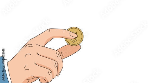 Close up of a human hand holding a gold dollar coin between fingers against a plain white background for finance.