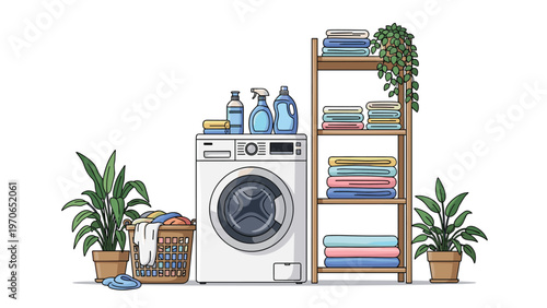 Clean and organized laundry room scene featuring a front loading washing machine with detergents and shelves of folded towels.
