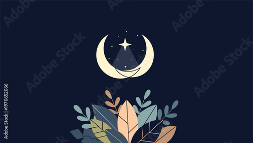 Stylized crescent moon cradling a bright star above a bunch of colorful autumn leaves on a dark navy blue background.