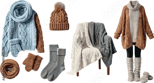 Winter Fashion Essentials Vector Set with Knit Sweaters, Scarves, Hats, Socks, and Cozy Accessories for Cold Weather and Seasonal Clothing Design