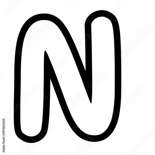 Bold outlined uppercase letter N with rounded edges, minimal cartoon style, black stroke, isolated on white background, clean typography design element.