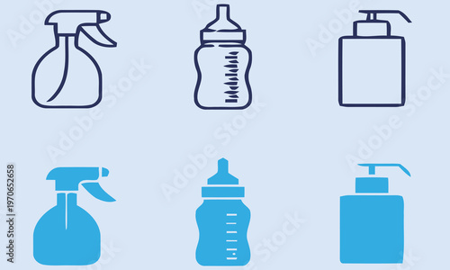 Set of six hygiene product icons in blue and black isolated on white background