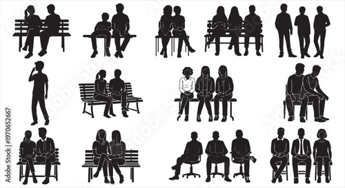 People Sitting on Bench Silhouette Set - Public Park and Waiting Area Vector Collection