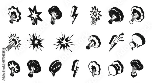 Black and white explosion icons set.