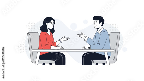 Business meeting: man and woman discussing at table, flat design illustration