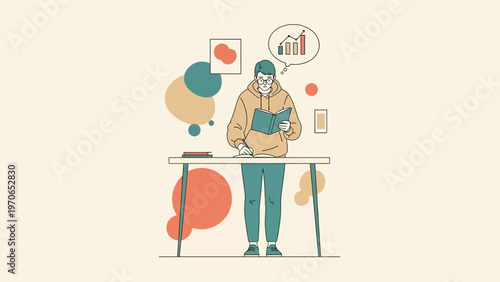 Student studying with charts and graphs, symbolizing learning and success