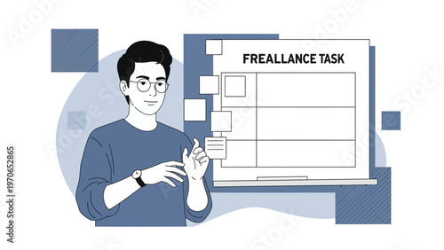 Man presenting a freelance task board with checklist and workflow