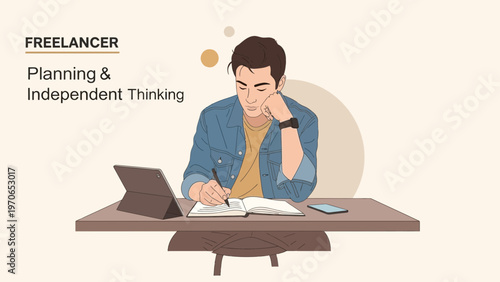 Freelancer Planning and Independent Thinking: Man Working at Desk with Tablet and Notebook