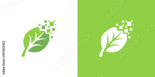 Dual meaning logo combining leaf and digital technology elements, symbolizing eco-innovation, sustainable technology, green digital transformation, and the harmony between nature