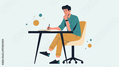 Man Sitting at Desk Writing, Studying, Working, Thinking, Creative Process