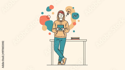 Young person with tablet, ideas and growth symbols, modern flat illustration