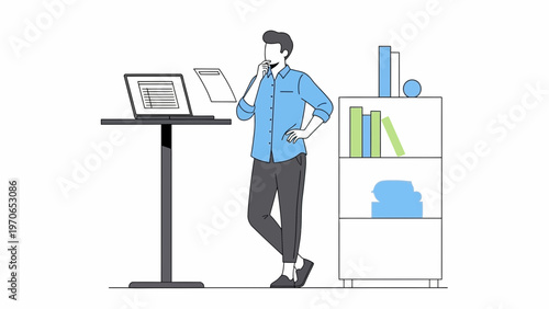 Man Thinking at Desk with Laptop and Bookshelf, Business Concept