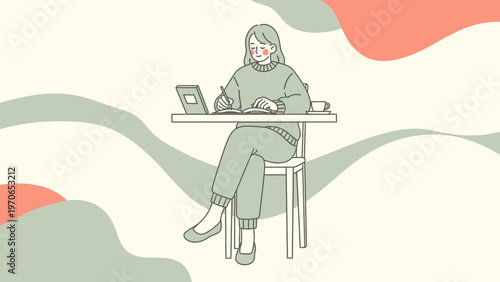 Woman writing at a desk with laptop and coffee, minimalist illustration, calm atmosphere