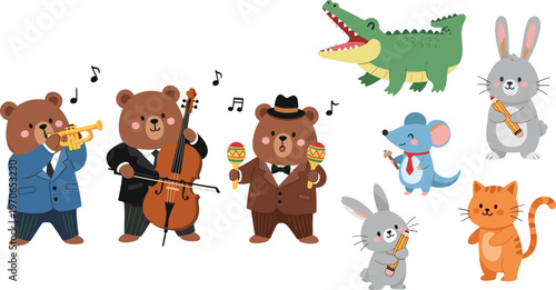 Cute Animal Music Band Cartoon Character Set with Bear Musicians Playing Instruments and Funny Wildlife Characters Vector Illustration Collection for Kids Design