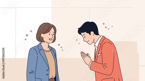 Business people greeting with respect, bowing and smiling in office setting