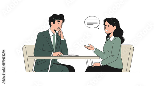 Business meeting: man and woman discussing strategy at office table