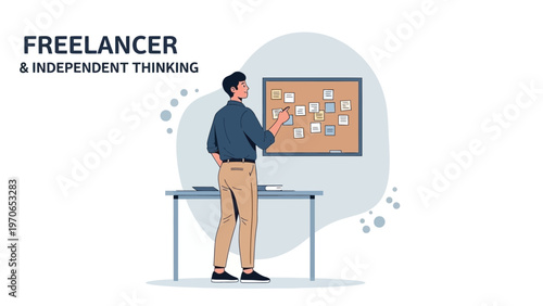 Freelancer planning on a corkboard with sticky notes, independent thinking concept