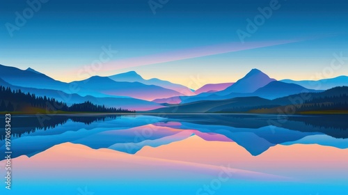 A serene landscape of mountains reflected in a calm lake under a vibrant, colorful sky at twilight